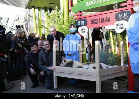Germania, Berlino, 09/12/2019, Wu Ken, Dr. Andreas Knieriem, Frank Bruckmann, Michael Müller nel Panda-Garden. I nomi ufficiali dei due gemelli maschio sono Meng Xiang (sospirato sogno) e Meng YUAN (soddisfatto Sogno) allo zoo di Berlino. Secondo la tradizione cinese, i nomi della Panda progenie sarà annunciato in occasione del centesimo giorno di vita. Foto Stock