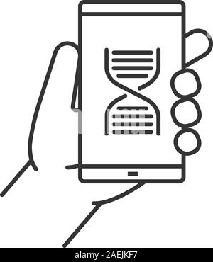 Mano azienda smartphone icona lineare. Linea sottile illustrazione. Smart phone scienza app Simbolo di contorno. Il vettore isolato disegno di contorno Illustrazione Vettoriale