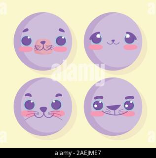 Emojis kawaii cartoon facce di animali imposta illustrazione vettoriale Illustrazione Vettoriale