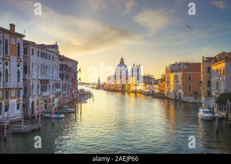 Venezia vista Canal Grande, Chiesa di Santa Maria della Salute, punto di riferimento di sunrise. L'Italia, l'Europa. Foto Stock