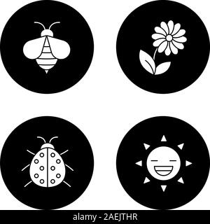 Estate glifo set di icone. Wasp, Ladybug, fiore, sorridente sun. La natura. Vettore silhouette bianca illustrazioni di cerchi neri Illustrazione Vettoriale