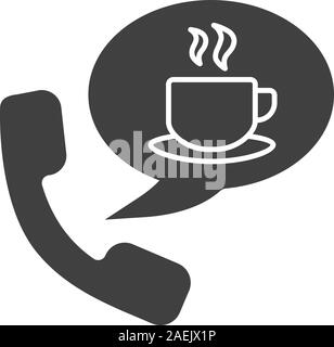 Bevande calde ordine per telefono icona glyph. Simbolo di Silhouette. Ricevitore con tazza da tè all'interno di discorso bolla. Lo spazio negativo. Vettore illustrazione isolato Illustrazione Vettoriale