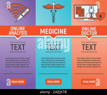 Online medicina banner. Concetto di sanità medicina e stile di vita. Profilo medico virtuale. Simbolo di medici, Icona e badge. Vettore semplice illustra Illustrazione Vettoriale