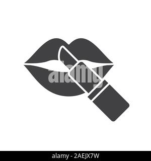 Il rossetto con la donna le labbra icona glyph. Simbolo di Silhouette. Lo spazio negativo. Vettore illustrazione isolato Illustrazione Vettoriale