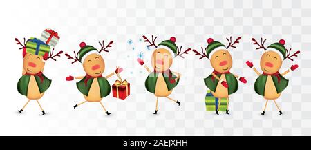 Raccolta di natale renne isolato su sfondo trasparente. La renna con dono presente. Caratteri di natale renne indossando hat, sciarpa Illustrazione Vettoriale