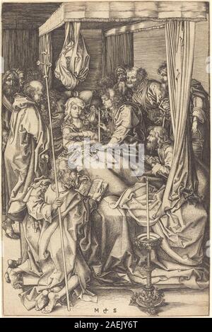 Incisione "morte della Vergine" di Martin Schongauer intorno al 1470-1475, che mostra la Vergine Maria circondata da apostoli, drappi dettagliati, espressioni facciali e composizione devozionale alla fine del XV secolo. Foto Stock