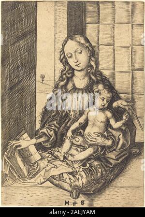 Questa incisione di Martin Schongauer, intorno al 1470-1475, raffigura la Madonna che regge un pappagallo, illustrando l'iconografia religiosa, lo stile gotico, la tecnica di stampa del tardo XV secolo e l'immagine devozionale. Foto Stock