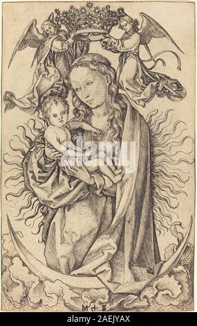 Incisione di Martin Schongauer, intorno al 1470, raffigurante Madonna in piedi su una luna crescente, con drappeggi dettagliati, gesti, alone e iconografia religiosa. Dimostra la tecnica di incisione del XV secolo e l'immagine devozionale. Foto Stock