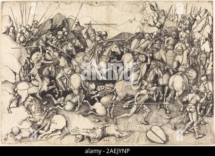 Incisione "la battaglia di San Giacomo a Clavijo" di Martin Schongauer intorno al 1470-1475, raffigurante cavalieri, fanteria, bandiere, armi, armatura, paesaggio e composizione storica del tardo xv secolo. Foto Stock