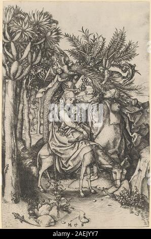 Questa incisione di Martin Schongauer, intorno al 1470-1475, raffigura la fuga in Egitto, illustrando l'iconografia religiosa della fine del XV secolo, lo stile gotico e la tecnica di incisione. Foto Stock