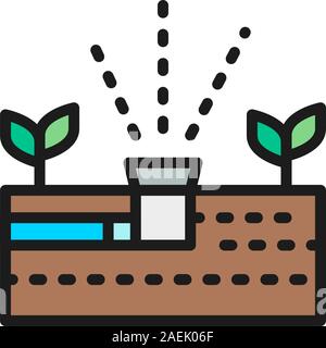 Impianto di vettore di irrigazione, aquaponics sistema colore piatto icona linea. Illustrazione Vettoriale