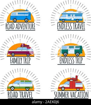 Set di auto colorate con il testo. Etichetta, Badge e banner. Concetto di automobile di viaggio per il Web, la stampa, T-Shirt. Logo, icone e sfondo per poster, dono Illustrazione Vettoriale