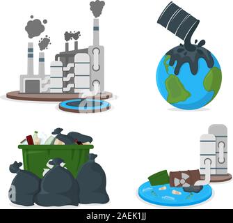 Inquinamento da petrolio concetto icona e l'etichetta. Terra inquinamento da petrolio e le emissioni di CO2. Catastrofe in fabbrica Simbolo, Icona e badge. Fumetto illustrazione vettoriale. Illustrazione Vettoriale