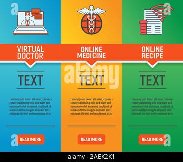 Online medicina banner. Concetto di sanità medicina e stile di vita. Profilo medico virtuale. Simbolo di medici, Icona e badge. Vettore semplice illustra Illustrazione Vettoriale