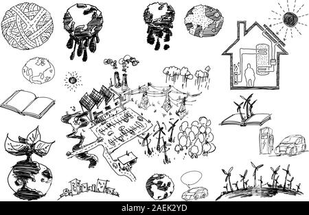 Molti disegnati a mano schizzi di temi riguardanti la natura e l ambiente e l'ecologia e l'energia e il pianeta terra Illustrazione Vettoriale