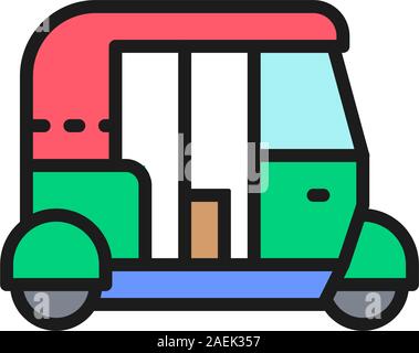 Un tuk tuk auto, tradizionale i mezzi di trasporto pubblici in India piatta linea colore icona. Illustrazione Vettoriale