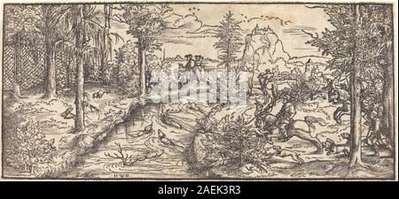 Un'opera d'arte intitolata "caccia al cervo" del Maestro HWG, che mostra una scena di caccia con cacciatori, cani e un cervo in un paesaggio boscoso. Il pezzo illustra la raffigurazione di animali e le pratiche di caccia nell'arte storica. Foto Stock