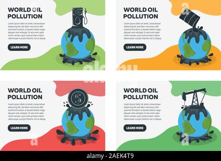 Mondo inquinamento dell'olio concetto Banner. Terra inquinamento da petrolio. Simbolo di catastrofe, Icona e badge. Fumetto illustrazione vettoriale per il Web. Illustrazione Vettoriale