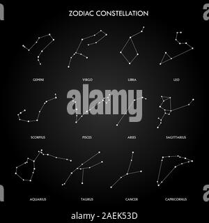 Set di costellazione zodiacale sullo sfondo nero. Spazio e stelle. Impostare il simbolo del segno zodiacale, costellazioni. linee e punti. Mappa stellare, mappa. Illustrazione Vettoriale