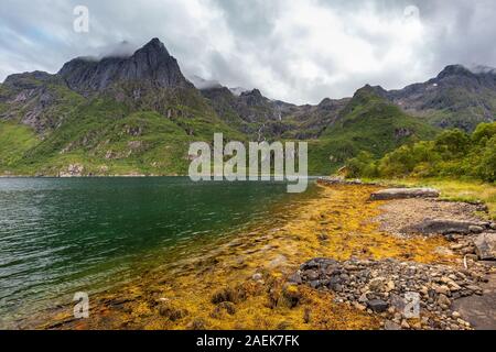 Riva di Svolver è il centro amministrativo di Vagan comune della contea del Nordland, Norvegia. Si trova sull'isola di Austvagoya nel Lofot Foto Stock