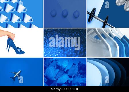 Collage con il classico colore blu del 2020. Colore trend layout. Vacanza e parte il concetto di stile di vita. Foto Stock