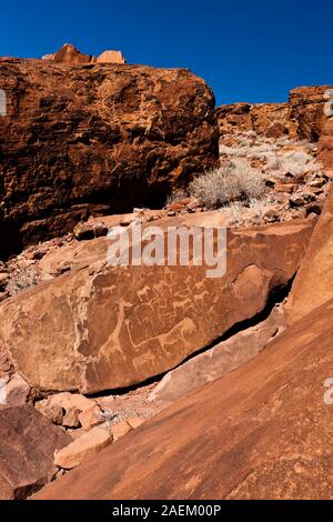 Leone uomo roccia (piastra del Leone), antiche incisioni rupestri dei boscimani, Twyfelfontein o /UI-//aes, Damaraland (Erongo), Namibia, Africa meridionale, Africa Foto Stock