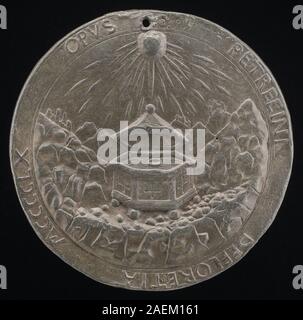 Incisione di Petrecino, 1460, che mostra un carattere esagonale in un paesaggio al contrario, raffigurante forme geometriche, elementi del terreno, oggetti architettonici e composizione spaziale. Foto Stock