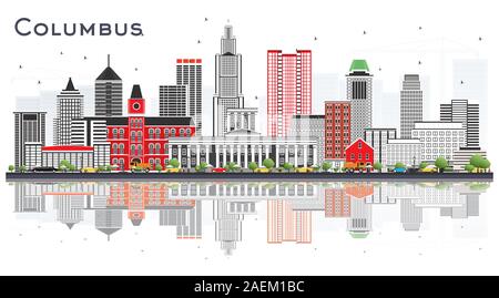 Columbus Ohio Skyline con edifici grigi e riflessioni isolato su bianco. Illustrazione Vettoriale. Viaggi di affari e turismo Concept. Illustrazione Vettoriale