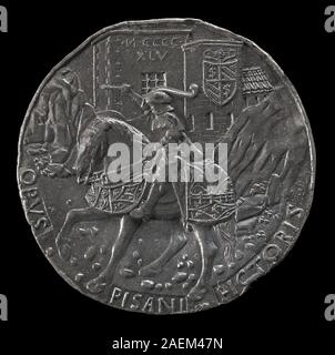 Sigismondo su un caricatore davanti a una fortezza, 1445, di Pisanello raffigura Sigismondo montato su un cavallo di fronte a una fortezza, mostrando armature, cavalli, postura, architettura, e incisione italiana del XV secolo su pannello rovesciato. Foto Stock