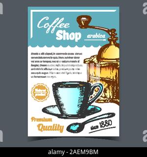 Manuale di vecchio macinino da caffè e la tazza di vettore di poster Illustrazione Vettoriale