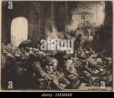 Dipinto di Rembrandt van Rijn, 1635, raffigurante Cristo che guida i cambiavalute dal tempio, gesti espressivi, figure in movimento, abbigliamento d'epoca, interni architettonici, e un'illuminazione spettacolare. Foto Stock