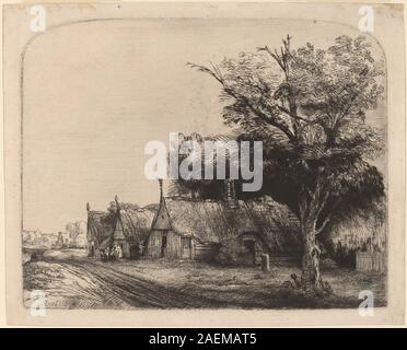 Rembrandt van Rijn, paesaggio con tre cottage a capanna accanto a una strada, 1650, paesaggio con tre cottage a capanna accanto a una strada; 1650 data Foto Stock