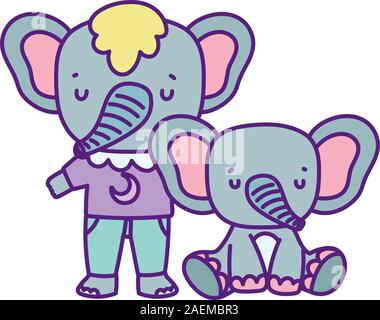 Baby doccia carino elefanti con vestiti cuori amore cartoon illustrazione vettoriale Illustrazione Vettoriale