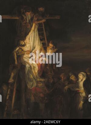 Un dipinto risalente al 1650-1652 circa del laboratorio di Rembrandt, probabilmente di Constantijn van Renesse, raffigurante la discesa dalla Croce, raffigurante Cristo, lutto, tendaggi, gesti, e composizione barocca. Foto Stock