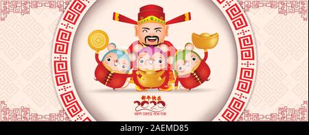 2020 Anno Nuovo Cinese - Anno di ratto. Set di Cartoon carino di ratto e di Dio cinese della ricchezza dello sfondo. Traduzione Felice Anno Nuovo Illustrazione Vettoriale