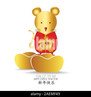 Po' di ratto con azienda cinese , oro Lingotto. zodiaco topi di animale lucks 2020 del ratto. Anno Nuovo Cinese. Fumetto illustrazione vettore isolato Illustrazione Vettoriale