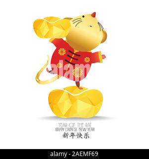 Po' di ratto con azienda cinese , oro Lingotto. zodiaco topi di animale lucks 2020 del ratto. Anno Nuovo Cinese. Fumetto illustrazione vettore isolato Illustrazione Vettoriale