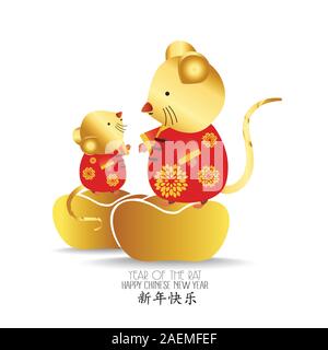 Po' di ratto con azienda cinese , oro Lingotto. zodiaco topi di animale lucks 2020 del ratto. Anno Nuovo Cinese. Fumetto illustrazione vettore isolato Illustrazione Vettoriale