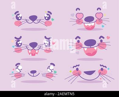 Emojis kawaii cartoon animale facce di espressione imposta illustrazione vettoriale Illustrazione Vettoriale