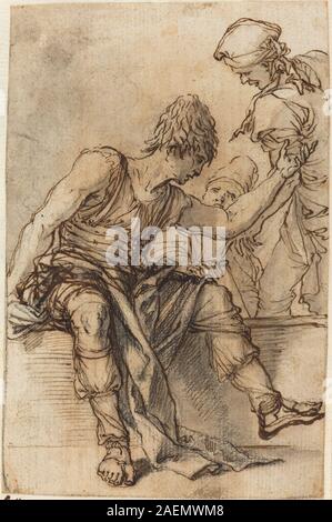 Un dipinto ad olio di Salvator Rosa, intorno al 1656-1657, raffigurante un giovane seduto su un muro impegnato in conversazione con due uomini, mostrando gesti espressivi, abbigliamento d'epoca e sfondo paesaggistico naturalistico. Foto Stock