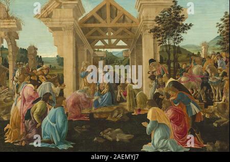 Un dipinto di Sandro Botticelli del 1478-1482 circa raffigurante l'Adorazione dei Magi, raffigurante la Vergine Maria, Gesù bambino, figure Magi, e dettagliata composizione rinascimentale con elementi simbolici. Foto Stock