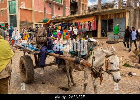 Etiopia, Amhara Region, sbarcare, centro città, area di mercato, cavallo tirando il carrello Foto Stock