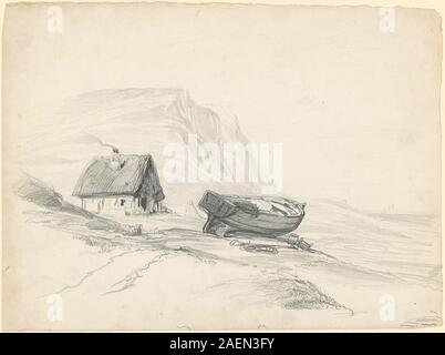 Questo lavoro del 1835-1840 di Seth Wells Cheney raffigura una casa e una barca sulla riva, mostrando elementi architettonici, acqua, terra, cielo, e dettagli paesaggistici tipici dell'arte americana dei primi anni del XIX secolo. Foto Stock