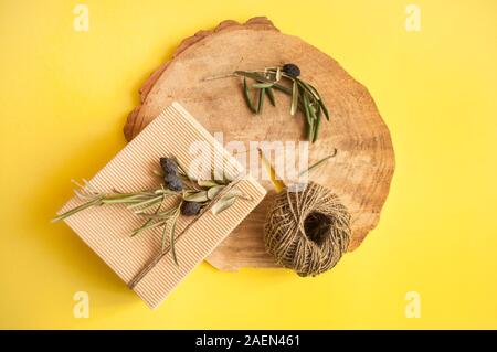 Rifiuti Zero idee regalo. Giftbox si inginocchiò con cavo e olive branch su sfondo di legno e copyspace. Foto Stock