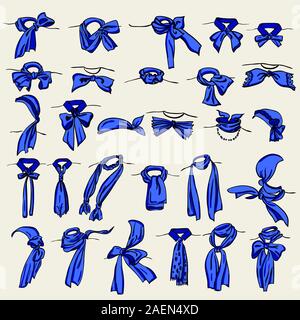 Insieme di diversi neckerchiefs legati in modi diversi Illustrazione Vettoriale