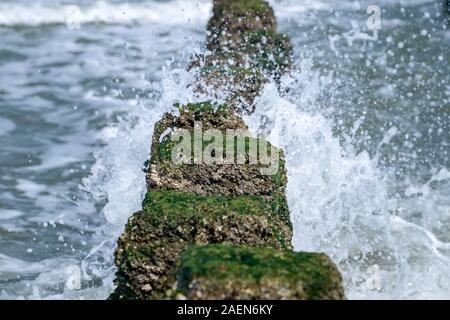 Sea Wave trasferite attraverso una groyne di legno accanto alla spiaggia. Foto Stock