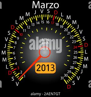2013 anno di calendario auto del tachimetro in spagnolo. Marzo Illustrazione Vettoriale