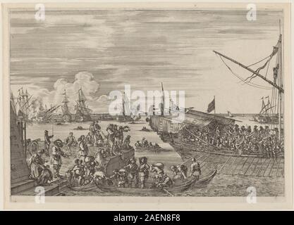 Incisione di Stefano della bella intitolata "partenza di una nave", creata intorno al 1654-1655, raffigurante una scena dettagliata di una nave che lascia il porto con figure sul ponte e elementi marittimi del XVII secolo. Foto Stock