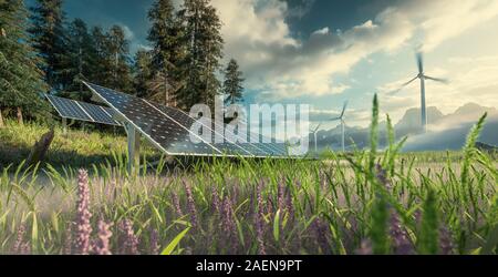 Rispettosi dell'ambiente installazione di impianti fotovoltaici impianti energetici e turbina eolica fattoria situata in bella fresca paesaggio di montagna con bella calda la Foto Stock