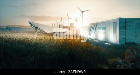 Smart grid energia rinnovabile soluzione di sistema per futura smart cities al tramonto. Il rendering 3D Foto Stock